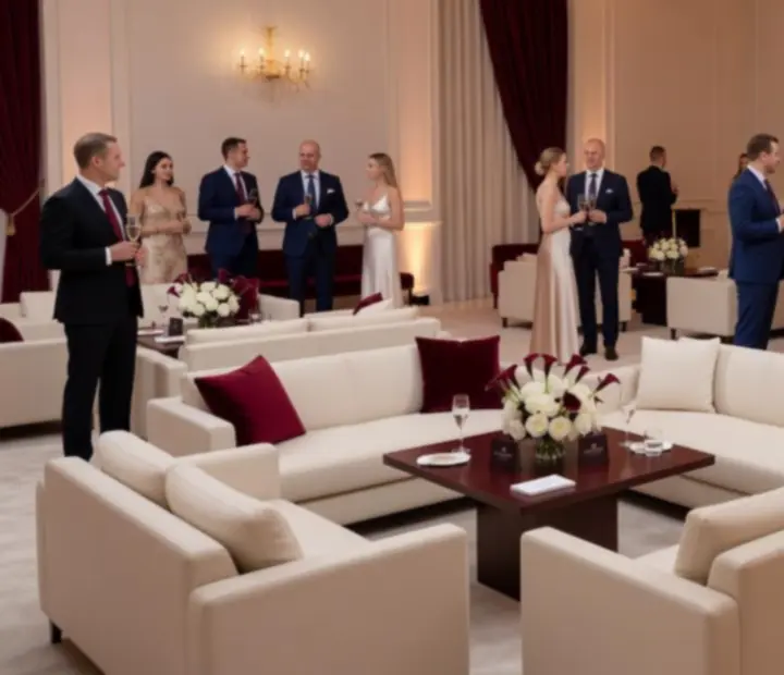 Elegancka scena eventowa z oświetleniem, gośćmi i stołami podczas gali organizowanej przez Velora Dinex