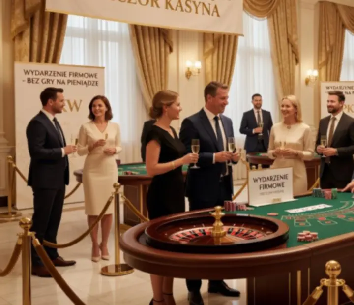 Firmowy wieczór z eleganckimi stołami eventowymi i gośćmi w strojach koktajlowych