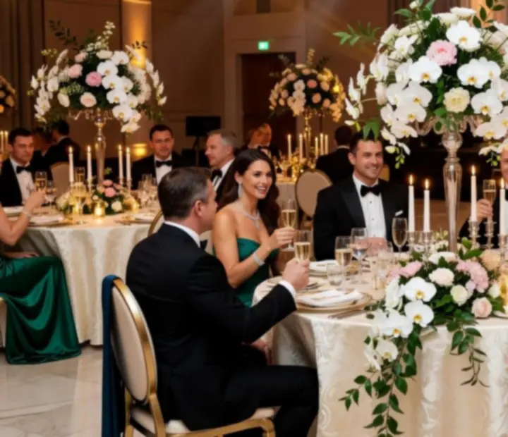 Elegancka gala firmowa z oświetleniem sceny i okrągłymi stołami bankietowymi