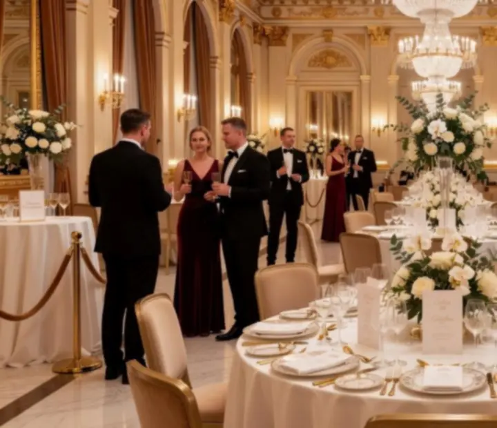 Elegancka gala firmowa w jasnej sali balowej z gośćmi przy okrągłych stołach