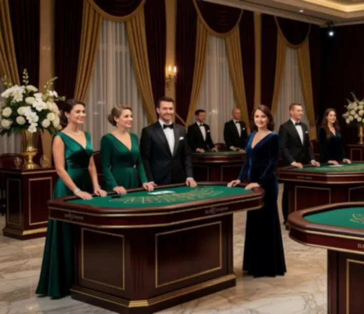 Profesjonalni dealerzy obsługujący eleganckie stoły eventowe podczas wydarzenia