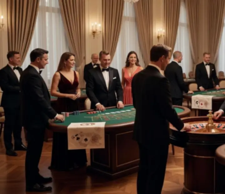 Wieczór tematyczny w stylu kasyna z eleganckimi gośćmi przy stołach rozrywkowych