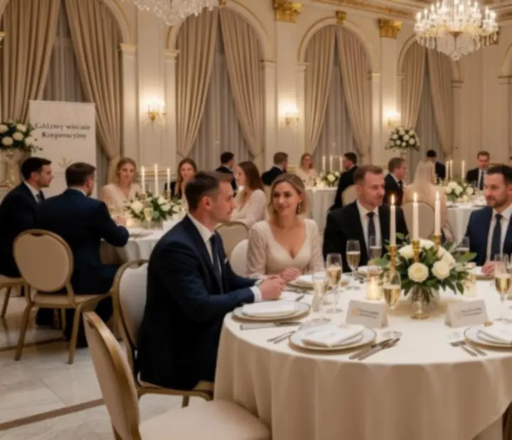 Elegancko zaaranżowane wydarzenie firmowe w Warszawie z oświetloną sceną i stołami bankietowymi